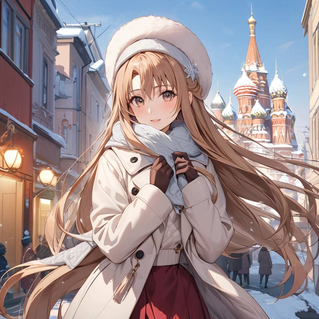 ((Highest quality)), ((masterpiece)), (detailed), (Perfect Face)、The woman is Yuuki Asuna, a Russian with light brown, semi-long hair.、In a Russian city in winter, a woman is beautifully dressed in everyday Russian winter clothes, a Russian hat, and luxurious accessories.
