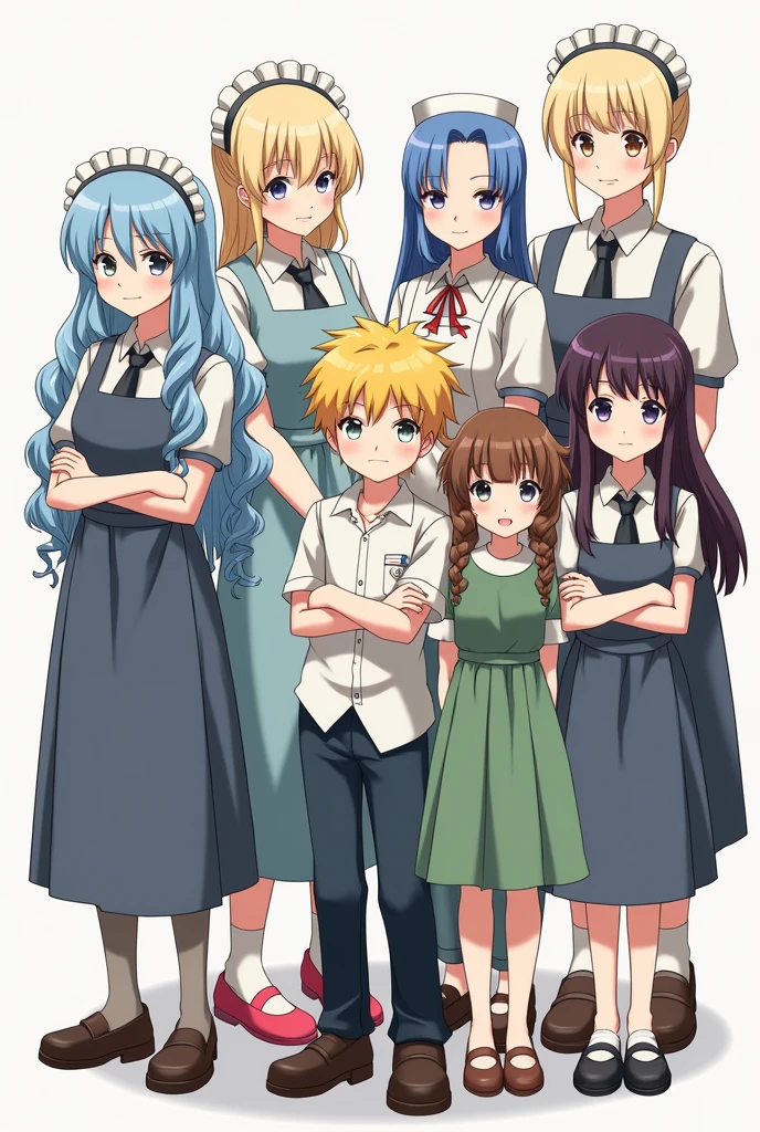 Blond boy with a serious face with his arms crossed next to eight girls: a maid with long light blue hair, a nurse with long wavy blue hair, a teacher with short blue hair, another teacher with short pale yellow hair, a human-sized blonde fairy wearing a green dress, a schoolgirl with long dark purple hair, a maid with two pigtails and brown hair, and a schoolgirl with straight black hair