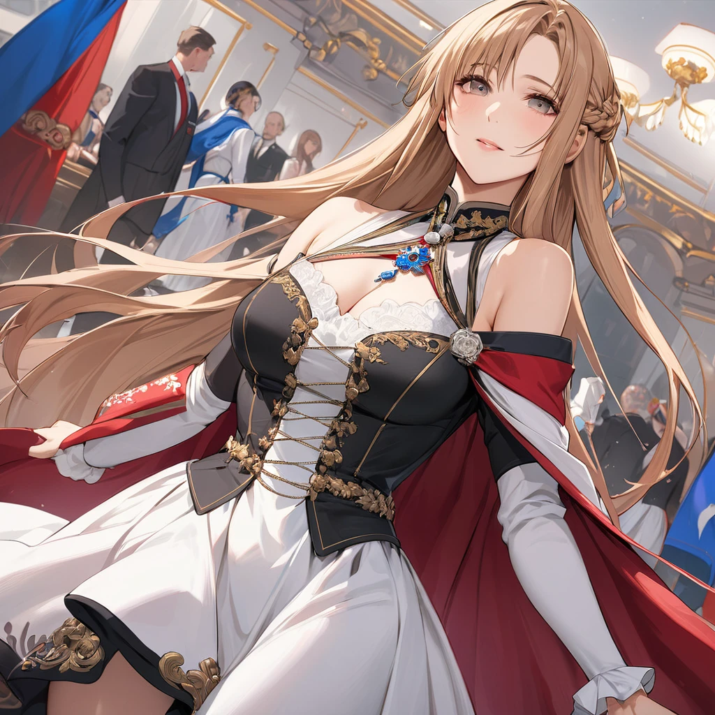 ((Highest quality)), ((masterpiece)), (detailed), （Perfect Face）、The woman is Yuuki Asuna, a Russian with light brown, semi-long hair.、The woman is a member of the United Russia party and is beautifully dressed in the fine attire and luxurious accessories appropriate for a party member.、Women are serving the cause of Great Russia