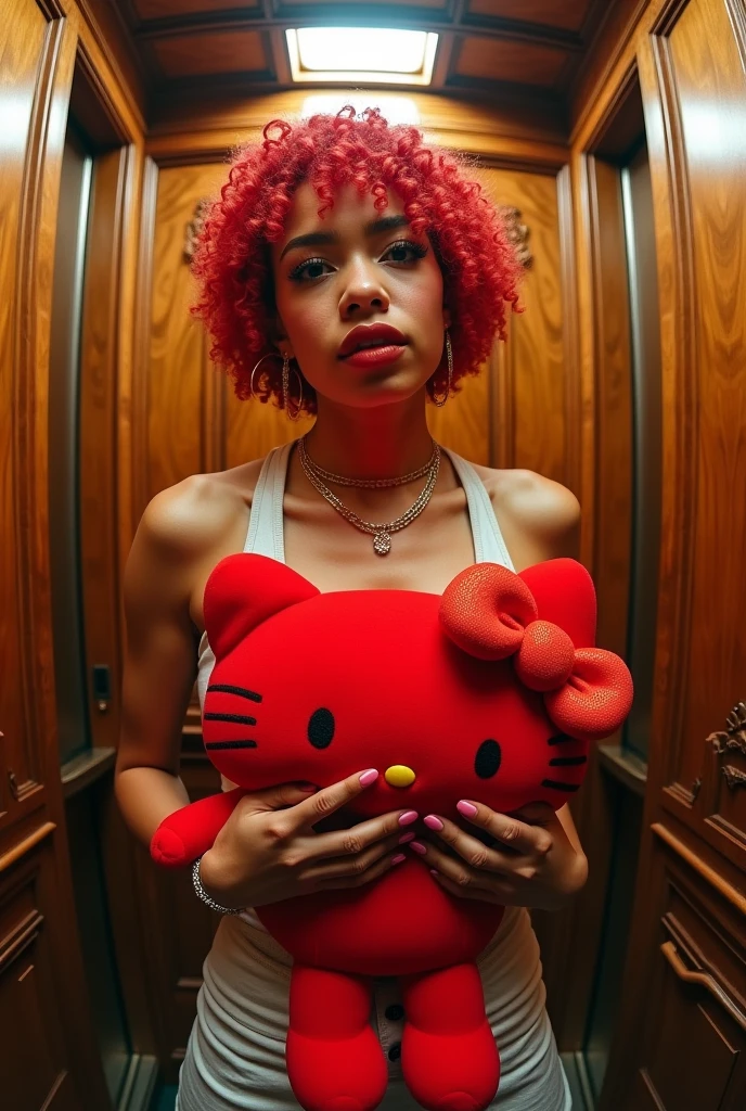 Ice Spice, white girl with short curly red hair holding a red Hello Kitty on her chest cute in a large rustic wooden and beautiful elevator photo taken with a round fisheye lens