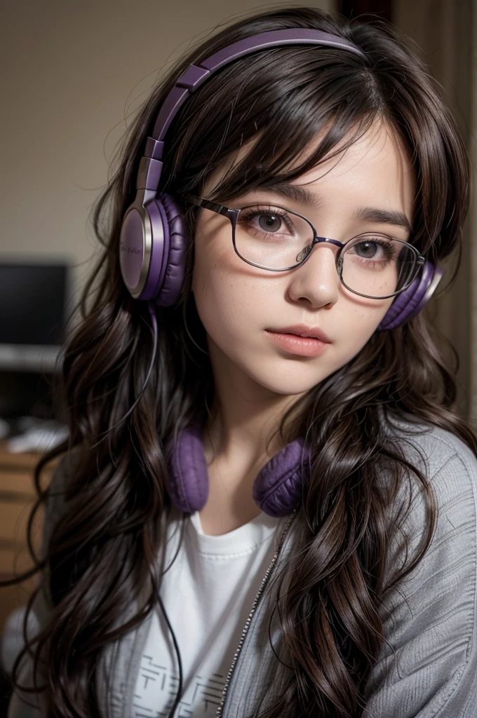 Kizi, brunette with brown and purple curly hair, wear glasses, lesbian style black headphones, various accessories, is 14 years old and some 