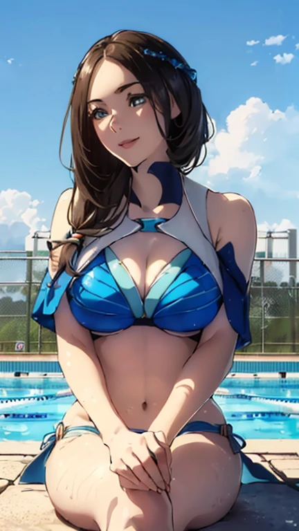 最high quality、Better image quality、masterpiece、with a girl((Beautiful、16 years old、best bust、medium bust、beautiful blue eyes、Open your chest,rubio、delgado、highest valley、Tattered blue bikini,show your whole body、Blue mesh,swim,smile)）high quality、Beautiful art、bottom((Summer schedule、Swimming pool facilities for anyone々々、Leisure facilities)),mesa、Exquisite design、visual arts、Depth of written limit、better lighting、higher detail、8ｋ