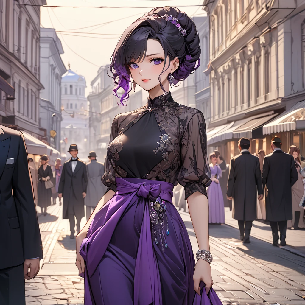 ((Highest quality)), ((masterpiece)), (detailed), (Perfect Face)、The woman is Shinobu Kocho, a Russian with black hair in a purple gradient bob style, tied up in a formal evening hairstyle.、In the streets of Russia, women are beautifully dressed in everyday Russian clothing and luxurious accessories.