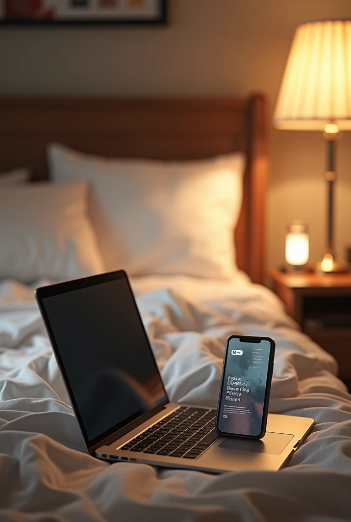 A room With a bed with messy white sheets A table next to it where there is a laptop and a cell phone iphone 13 with a picture written on it Michael lefa