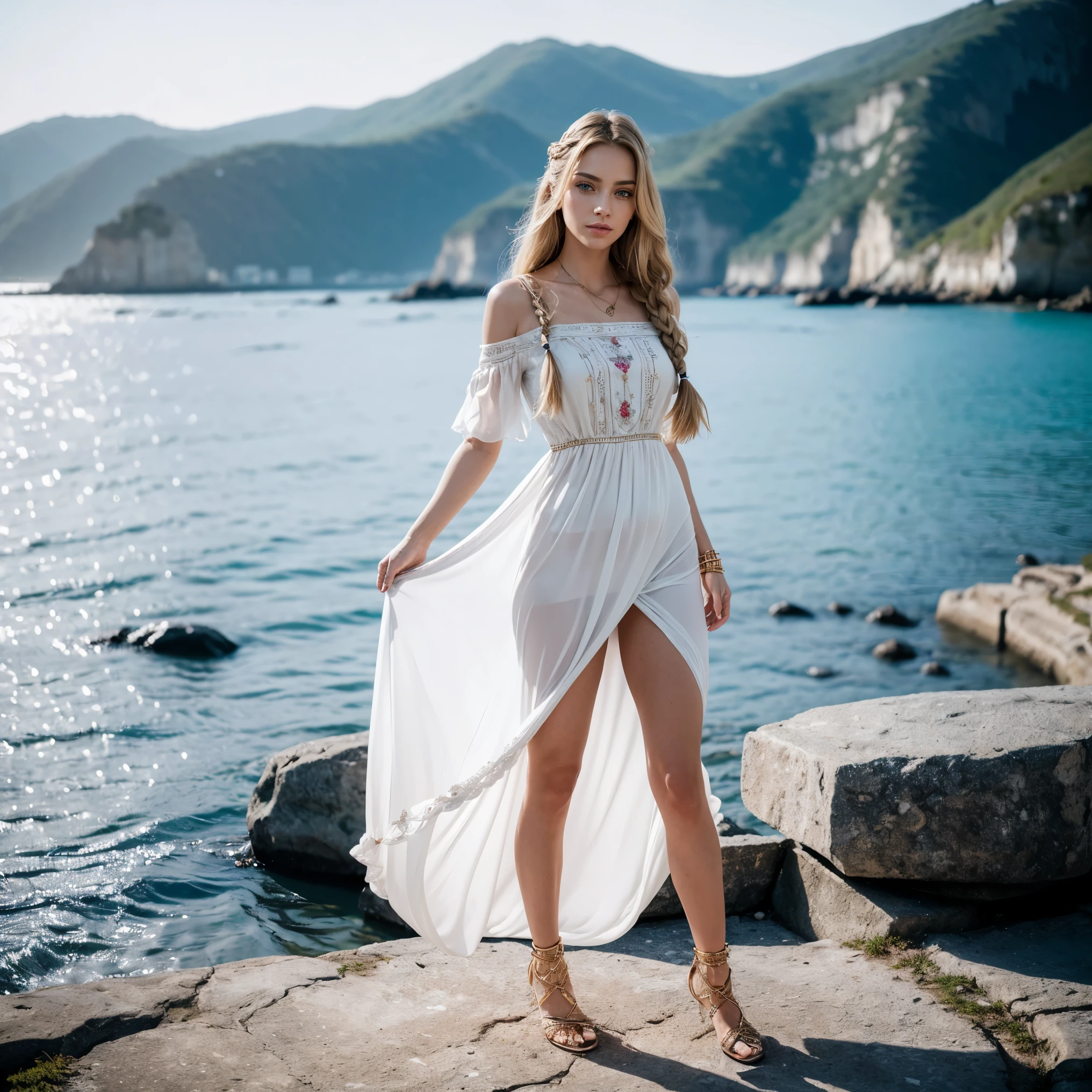 (masterpiece), (portrait), (esthetic), (Nice), (superior blood), (good quality), (esthetic clothings), (professional perspective), (Rule of thirds), (feminine), (women), (feminine), (Nice),(rasgos feminines), (25 years), alone, 1 women, summer, Luz-Outfit, (standing upright), Natural make-up, (medium bust), (Cara-Frontal), (cheerful expression), ((quiet, Honored)), Golden bracelet, ((by far)), long blond hair, (braided hair), (silky hair), shiny and shiny hair, (hair pin), (blue eyes), (eleganter Look), (White skin), (embroidered clothing), (flowing dress), (sandals), (Rock), Heart neckline), ((Coastal background)), (- in the background), (Full plan), Nice hands, two hands, Normal hands, two arms, Full hands, Nice body, Nice fingers, normal fingers, five fingers, five fingers, (Thumb-index finger ring, small, curious), Nice ears, normal ears, Nice eyes, bright eyes, Nice mouth, Nice lips, slim body, tight waist