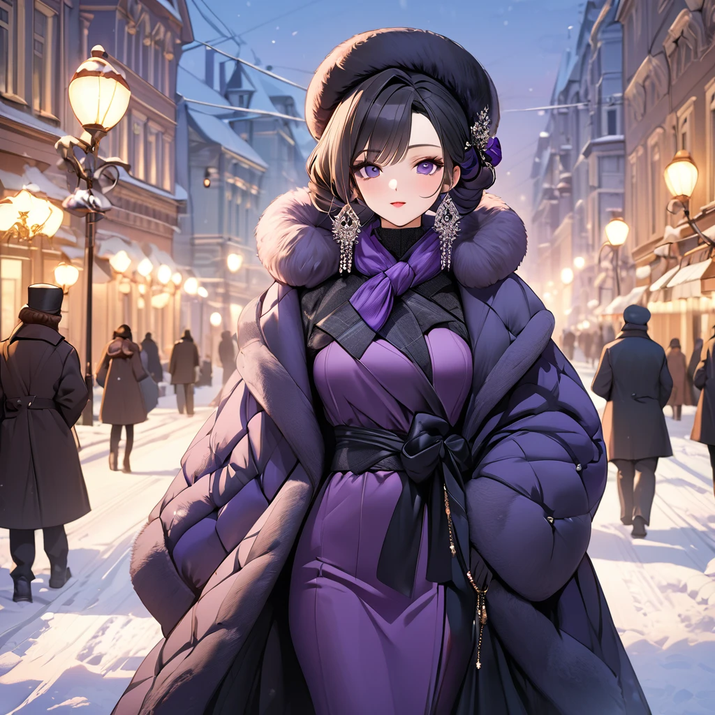 ((Highest quality)), ((masterpiece)), (detailed), (Perfect Face)、The woman is Shinobu Kocho, a Russian with black hair in a purple gradient bob style, tied up in a formal evening hairstyle.、In a Russian city in winter, a woman is beautifully dressed in everyday Russian winter clothes, a Russian hat, and luxurious accessories.