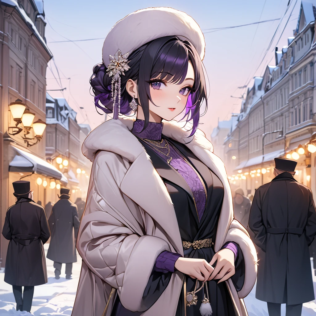 ((Highest quality)), ((masterpiece)), (detailed), （Perfect Face）、The woman is Shinobu Kocho, a Russian with black hair in a purple gradient bob style, tied up in a formal evening hairstyle.、In a Russian city in winter, a woman is beautifully dressed in everyday Russian winter clothes, a Russian hat, and luxurious accessories.