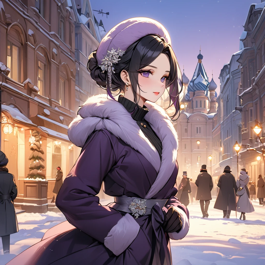 ((Highest quality)), ((masterpiece)), (detailed), （Perfect Face）、The woman is Shinobu Kocho, a Russian with black hair in a purple gradient bob style, tied up in a formal evening hairstyle.、In a Russian city in winter, a woman is beautifully dressed in everyday Russian winter clothes, a Russian hat, and luxurious accessories.