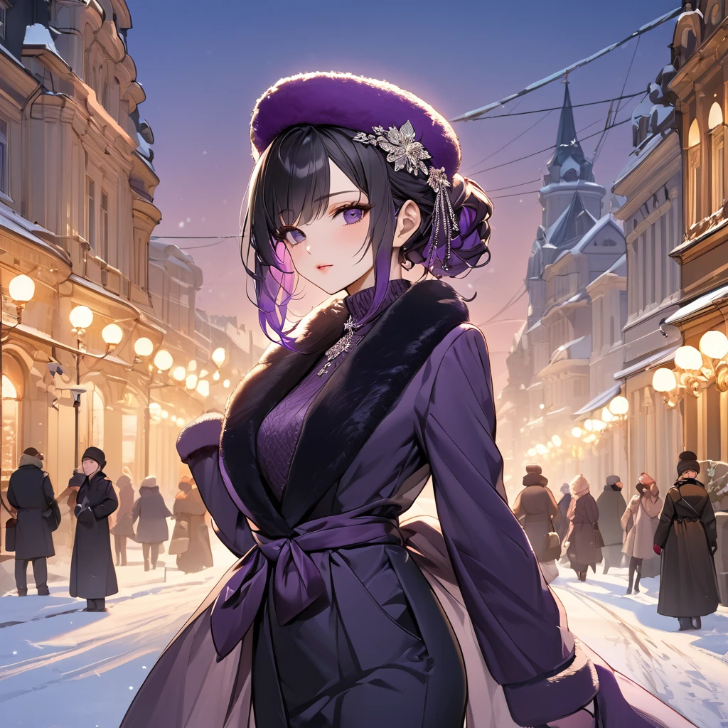 ((Highest quality)), ((masterpiece)), (detailed), (Perfect Face)、The woman is Shinobu Kocho, a Russian with black hair in a purple gradient bob style, tied up in a formal evening hairstyle.、In a Russian city in winter, a woman is beautifully dressed in everyday Russian winter clothes, a Russian hat, and luxurious accessories.