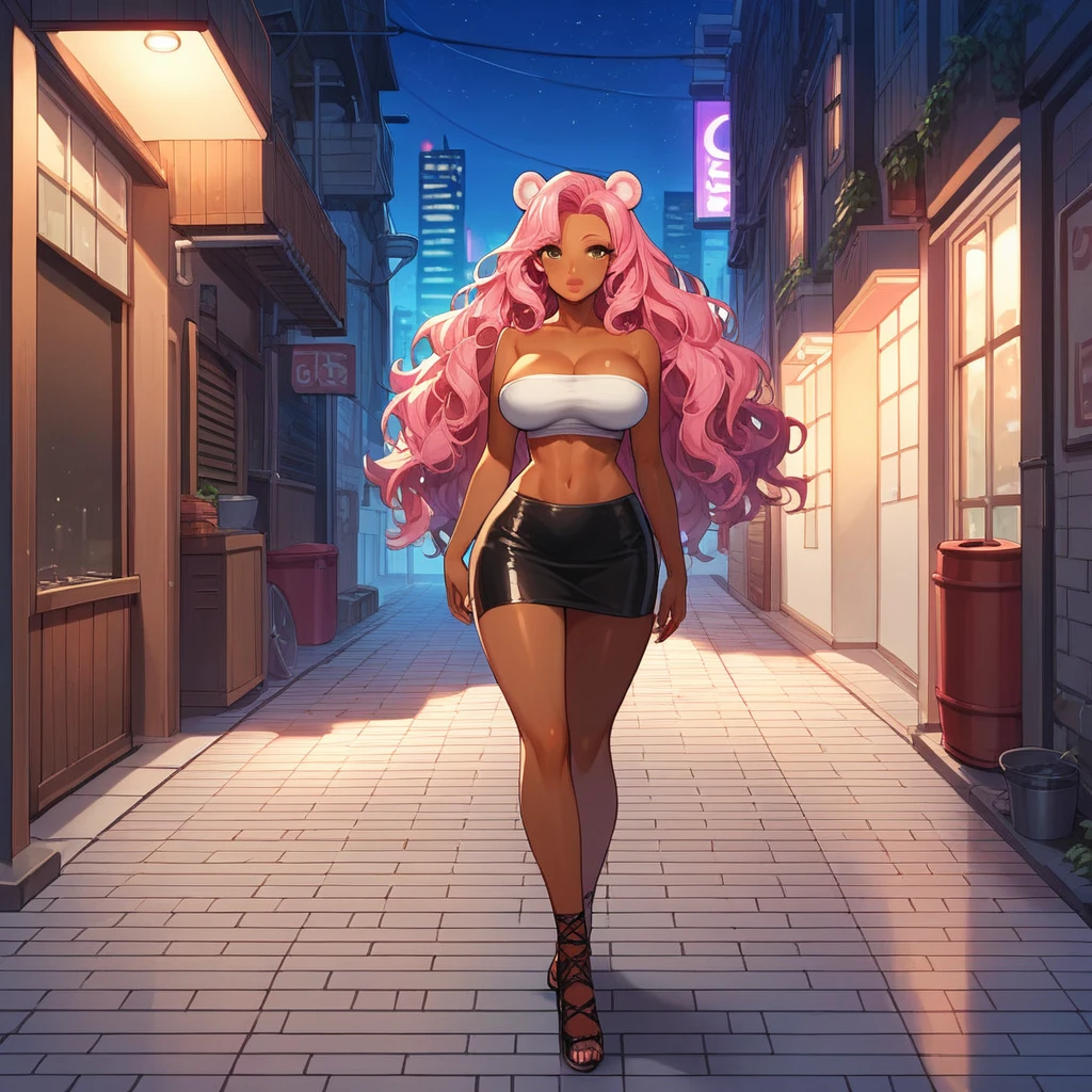 score_9, score_8_up, score_7_up, score_6_up, 1girl, (source_anime), thick lips, brown eyes, pink hair, wavy hair, pink bear ears, dark skinned female, long hair, large breasts, wide hips, floor, city, night, alley, skirt, tube top, lace,