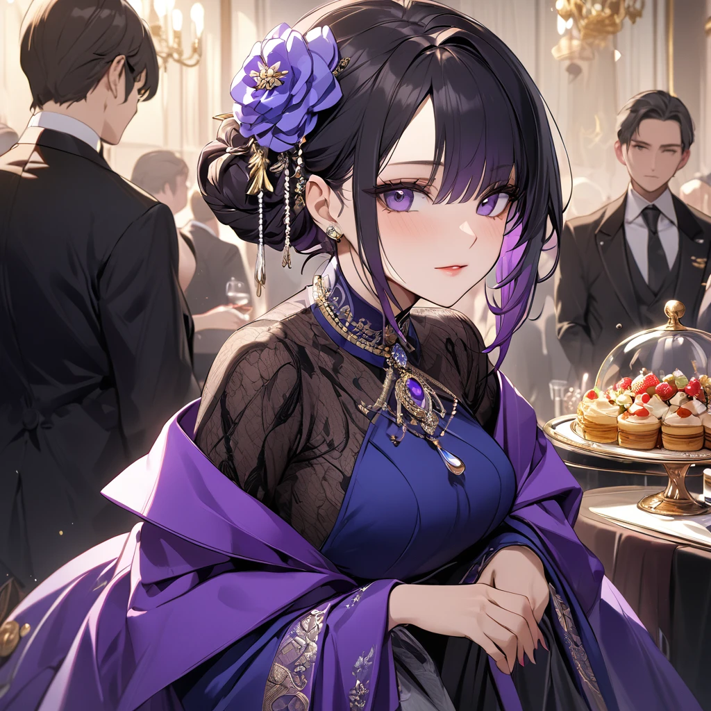 ((Highest quality)), ((masterpiece)), (detailed), (Perfect Face)、The woman is Shinobu Kocho, a Russian with black hair in a purple gradient bob style, tied up in a formal evening hairstyle.、The woman is a member of the United Russia party and is beautifully dressed in the fine attire and luxurious accessories appropriate for a party member.、Women are serving the cause of Great Russia