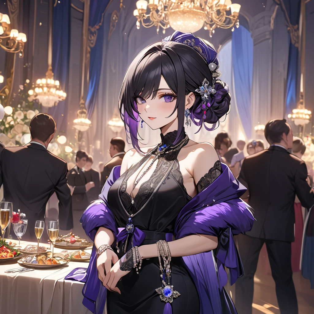 ((Highest quality)), ((masterpiece)), (detailed), （Perfect Face）、The woman is Shinobu Kocho, a Russian with black hair in a purple gradient bob style, tied up in a formal evening hairstyle.、The woman is a member of the United Russia party and is beautifully dressed in the fine attire and luxurious accessories appropriate for a party member.、Women are serving the cause of Great Russia