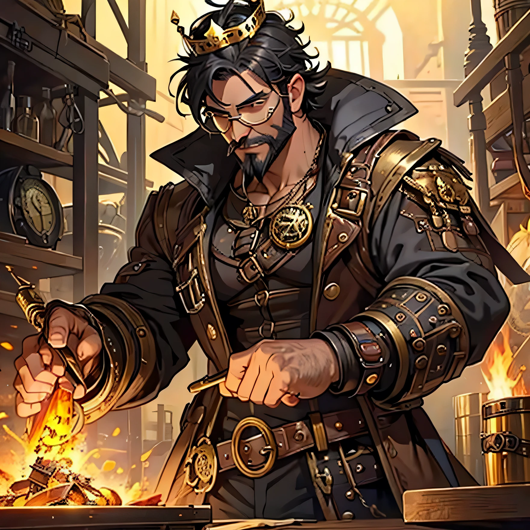 Master Blacksmith ((Steampunk)) middle aged man with medium black beard and short hair forging a ((Gavel)) carefully using a ((glasses goggles)) with several lenses using a (((golden crown))) in the head