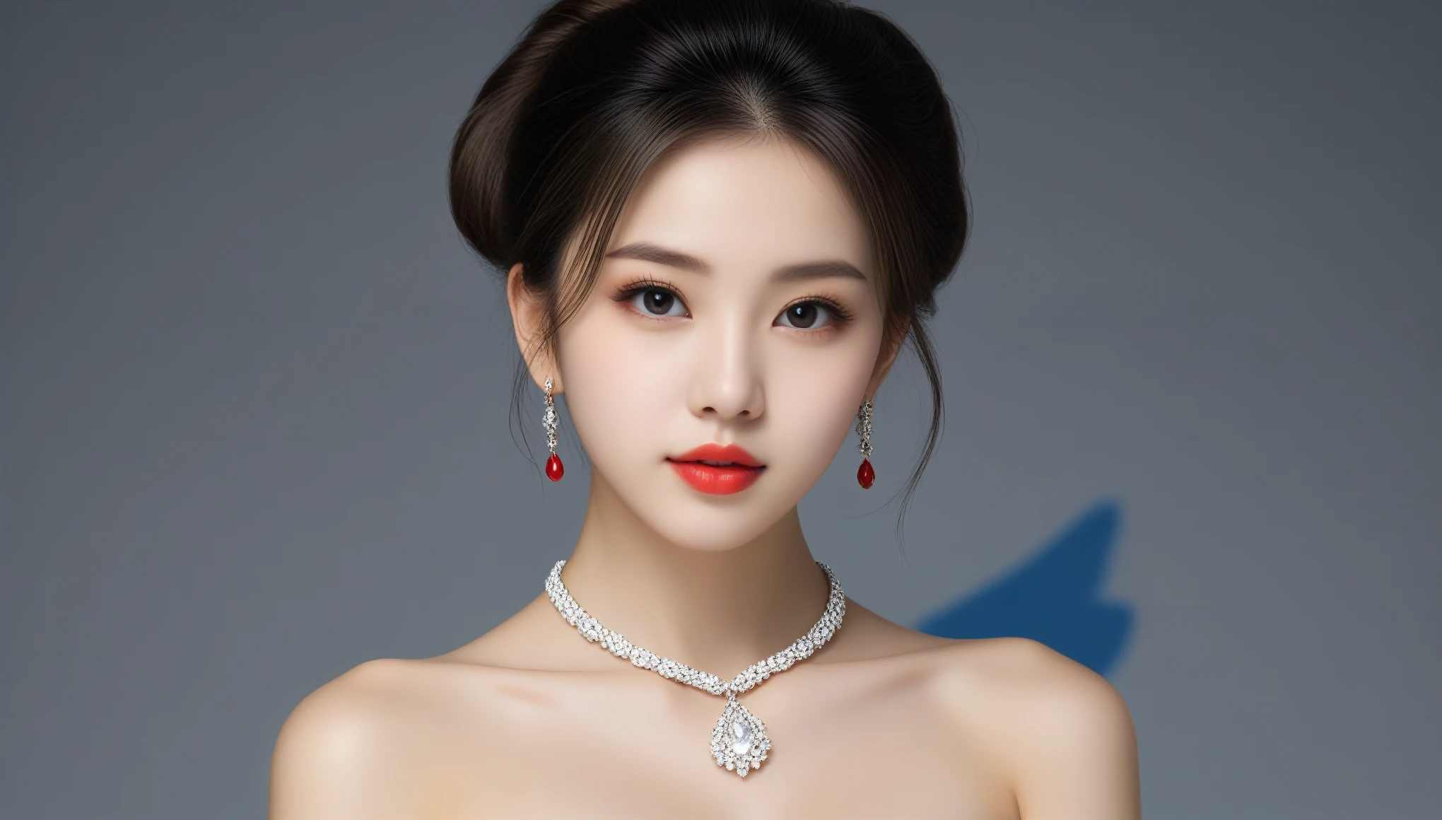8k, Ultra-high resolution, Highest quality, masterpiece, 三分割法によるphotograph,Surreal, photograph, 1 Girl, (:1.3), pretty girl, Cute Face, 細部までBeautiful Eyes, 細かくdetailedに,masterpiece,One Girl:1.2,Japan Female Teachers,cowboy shot,Serious expression,Black short hair,hair bun,Super Beautiful Girl 4,((1 girl:1.4)),Shine, Natural skin texture、(Stylish clothes:1.4)、(The highest rank of ceremonial attire:1.4)、Attractive girl、16 years oldmale body:1.4)、(女の子のポートレートphotograph:1.4Photorealistic images:1.4),Fantasy art,(Beautiful Face:1.4),Beautiful and attractive eyes、Beautiful Eyes、(Tight waist:1.4)、(9 Beautiful girls with perfect body proportions:1.4),Red lips,(choker:1.4、necklace:1.4、Earrings:1.4),Looking at the audience,(((Ideal body type))),A-cup small breasts :2,、Portraiture:2、Perfect Anatomy、鮮明なdetailed、detailed,Fashion magazine cover,Thin lips,Gray background ,完璧でBeautiful Face ,完璧でCute Face, Skin with attention to detail, Perfect limbs、Narrow waist,Looking at the audience,(((Ideal body type))),A cup small breasts :2,Portraiture:2,Perfect Anatomy,鮮明なdetailed,detailed,Surreal,Light and shadow,spotlight