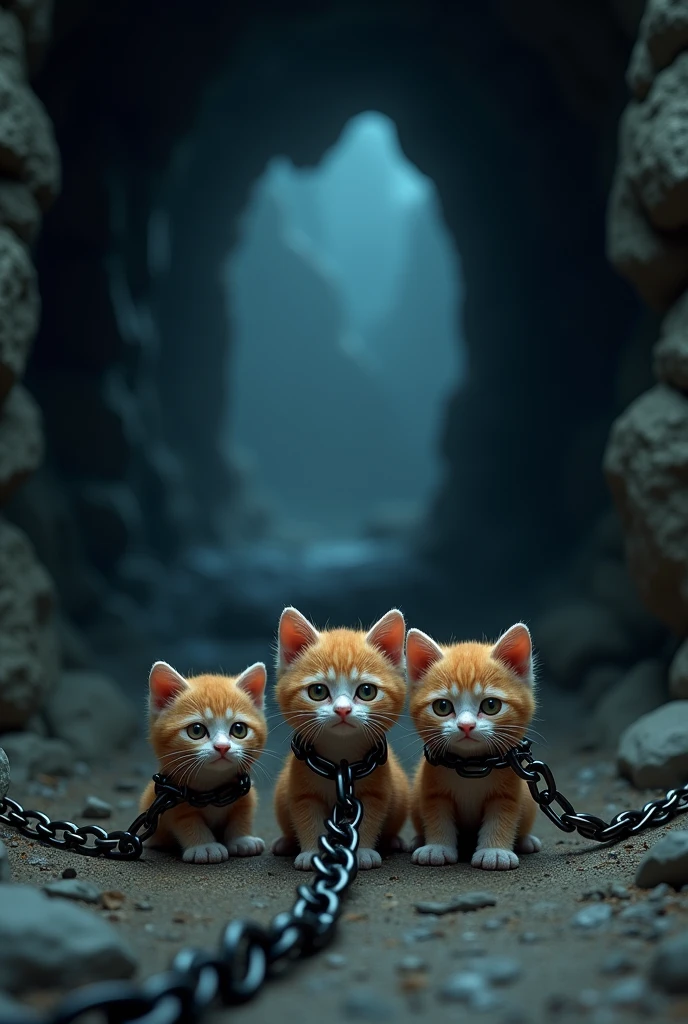 create an image of a three sad kittens in the form of a 3d drawing in a cave chained against the exit of the cave