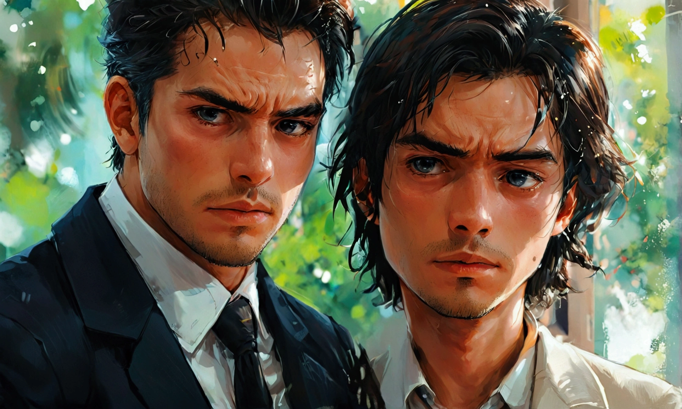 A MAN TALKING TO ANOTHER MAN IN A SUIT,manga style art,manga style art,manga style art,manga style art