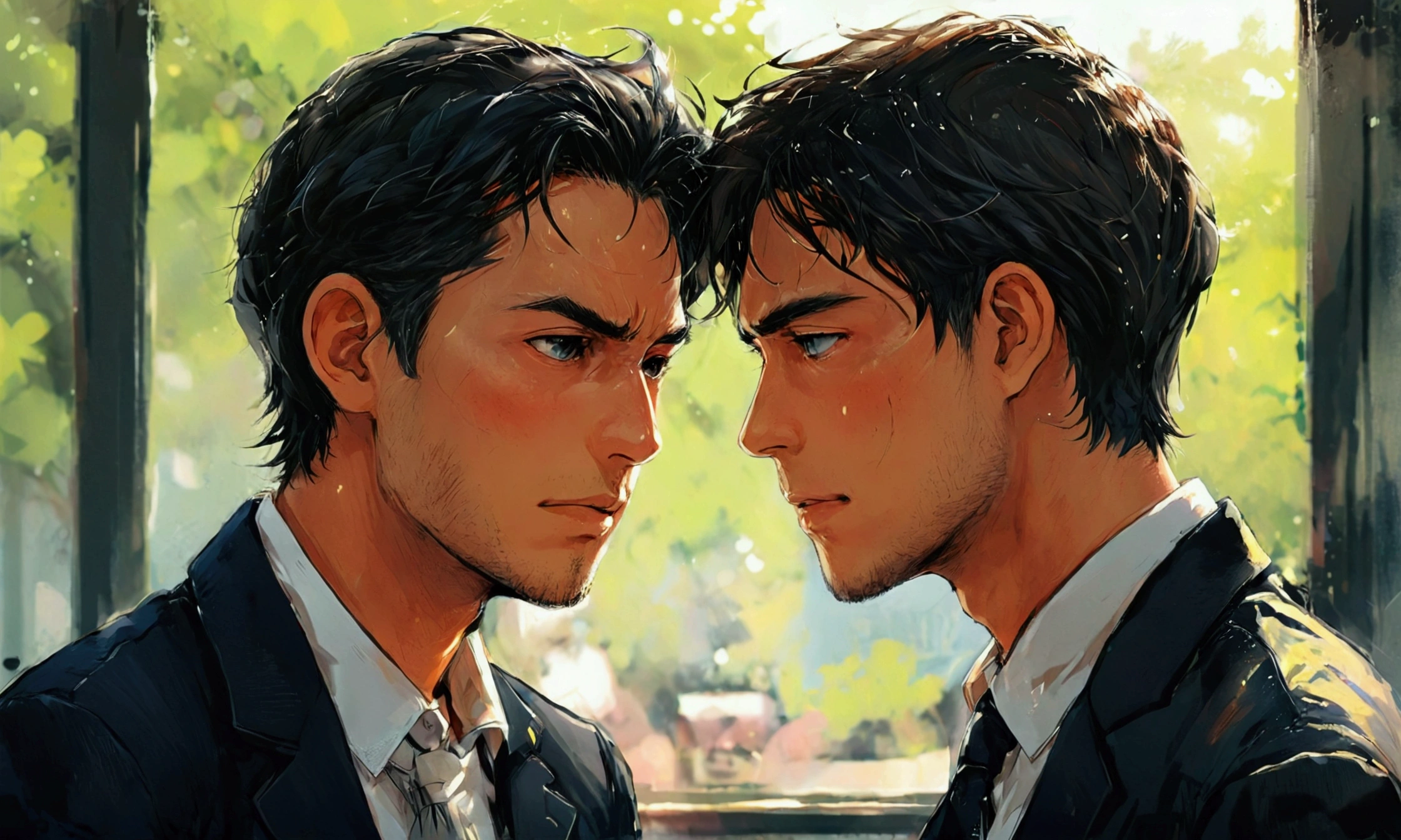 A MAN TALKING TO ANOTHER MAN IN A SUIT,manga style art,manga style art,manga style art,manga style art