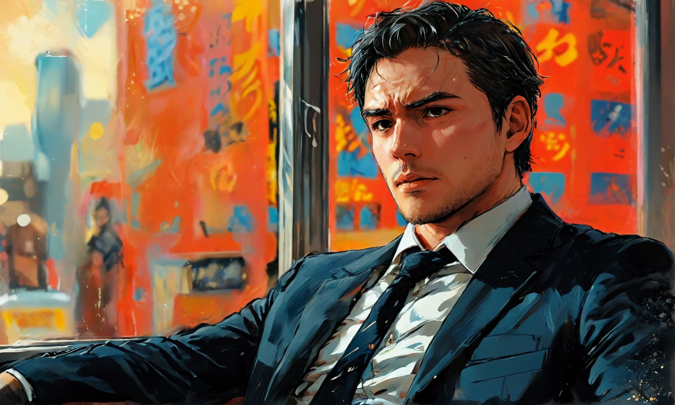 A MAN TALKING TO ANOTHER MAN IN A SUIT,manga style art,manga style art,manga style art,manga style art
