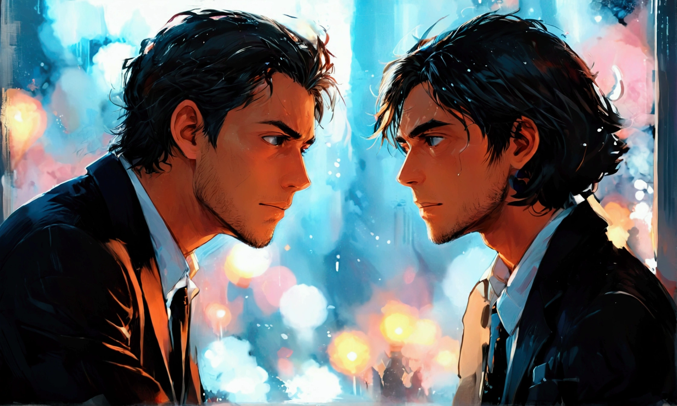 A MAN TALKING TO ANOTHER MAN IN A SUIT,manga style art,manga style art,manga style art,manga style art