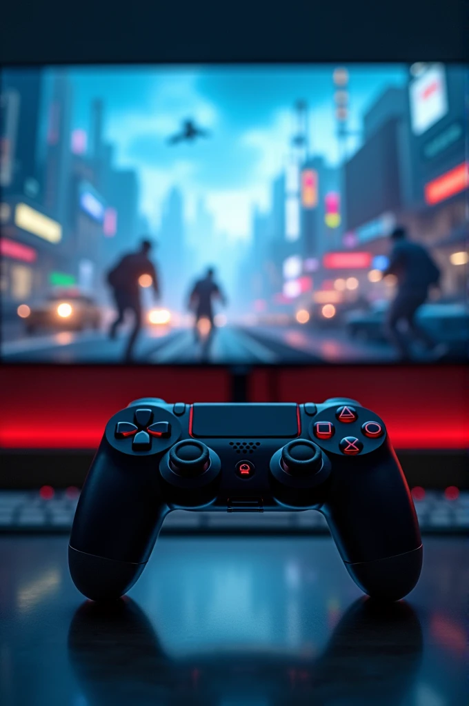 I want a video game controller and in the background the game glass connected to the TV