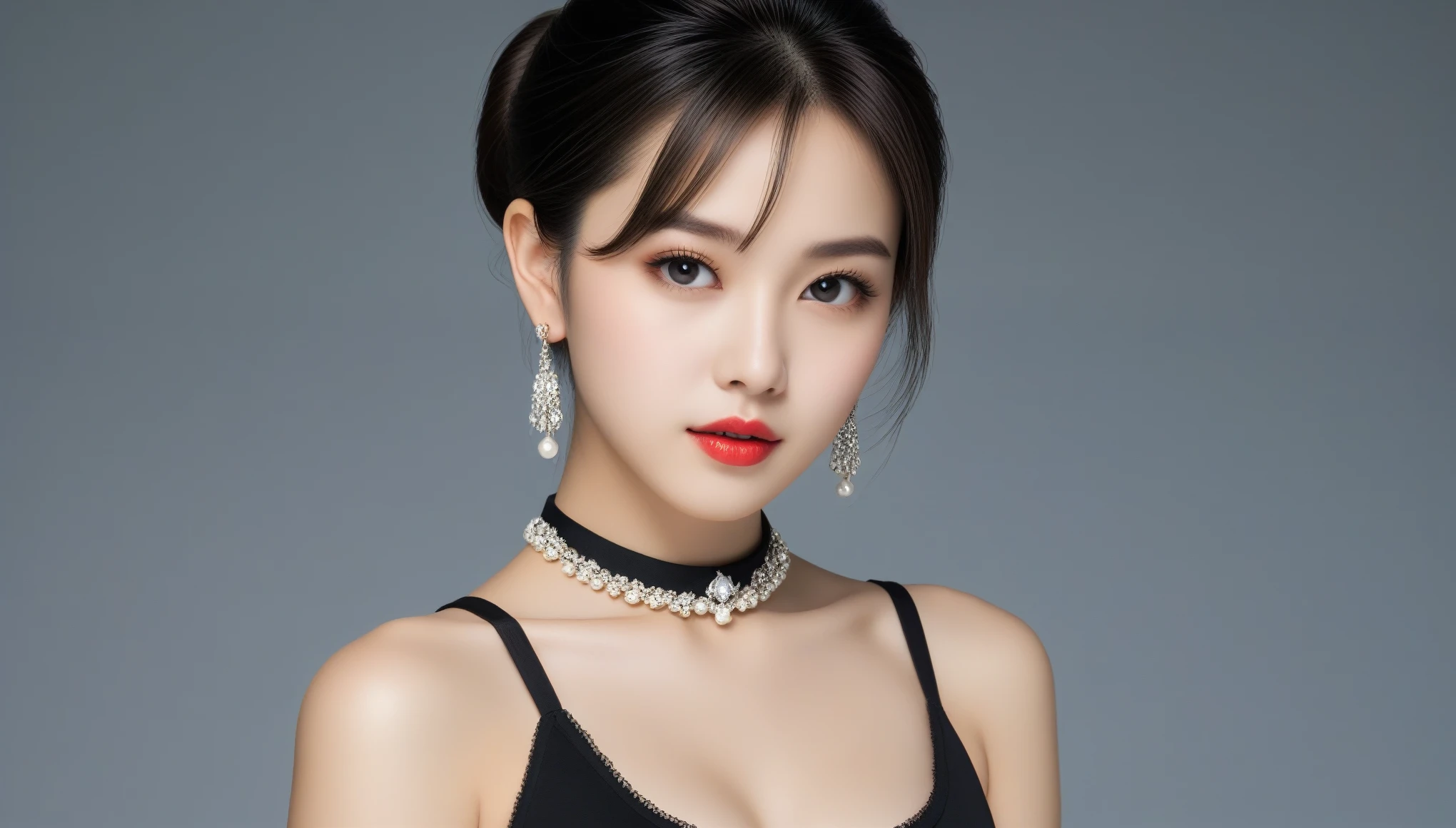 8k, Ultra-high resolution, Highest quality, masterpiece, 三分割法によるphotograph,Surreal, photograph, 1 Girl, (:1.3), pretty girl, Cute Face, 細部までBeautiful Eyes, 細かくdetailedに,masterpiece,One Girl:1.2,Japan Female Teachers,cowboy shot,Serious expression,Black short hair,hair bun,Super Beautiful Girl 4,((1 girl:1.4)),Shine, Natural skin texture、(Stylish clothes:1.4)、(The highest rank of ceremonial attire:1.4)、Attractive girl、16 years oldmale body:1.4)、(女の子のポートレートphotograph:1.4Photorealistic images:1.4),Fantasy art,(Beautiful Face:1.4),Beautiful and attractive eyes、Beautiful Eyes、(Tight waist:1.4)、(9 Beautiful girls with perfect body proportions:1.4),Red lips,(choker:1.4、necklace:1.4、Earrings:1.4),Looking at the audience,(((Ideal body type))),A-cup small breasts :2,、Portraiture:2、Perfect Anatomy、鮮明なdetailed、detailed,Fashion magazine cover,Thin lips,Gray background ,完璧でBeautiful Face ,完璧でCute Face, Skin with attention to detail, Perfect limbs、Narrow waist,Looking at the audience,(((Ideal body type))),A cup small breasts :2,Portraiture:2,Perfect Anatomy,鮮明なdetailed,detailed,Surreal,Light and shadow,spotlight