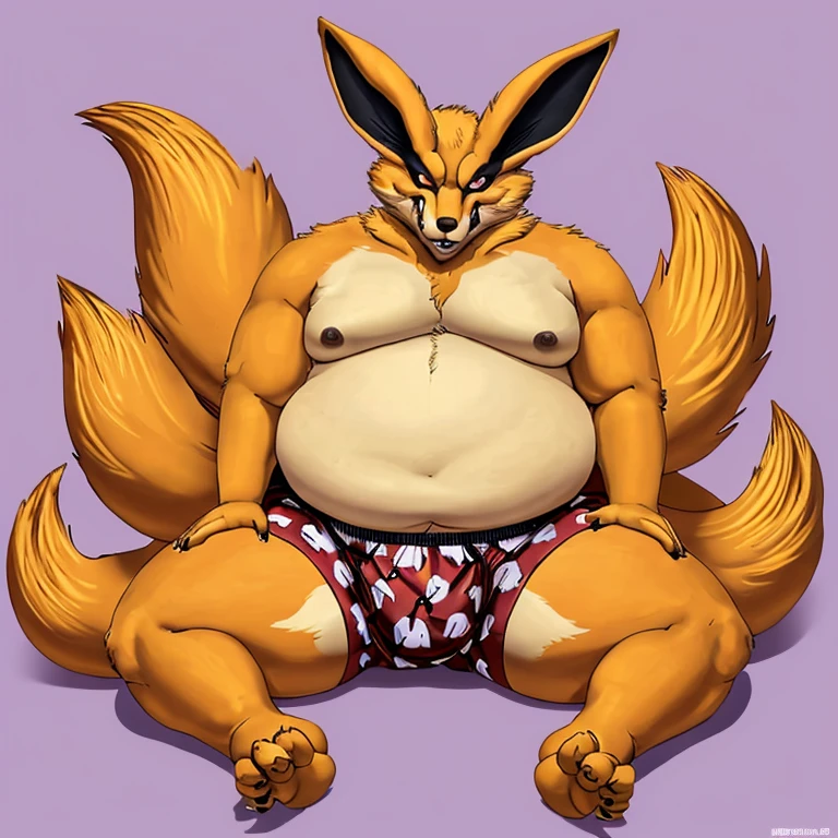 kurama, background, roar, Nine tails, A nine-tailed fox fat and big, big fox fat. 9 tails are corp and gos he has a lot of fat no muscle he's not muscular he doesn't have muscles, he's fat obese fatty are body and full of fat, handjob in heart pattern boxers shirtless and cums everywhere sitting on the floor big ass cute
he wears a underwear anatomie obese he holds the top of his stomach with his hands squeezing
