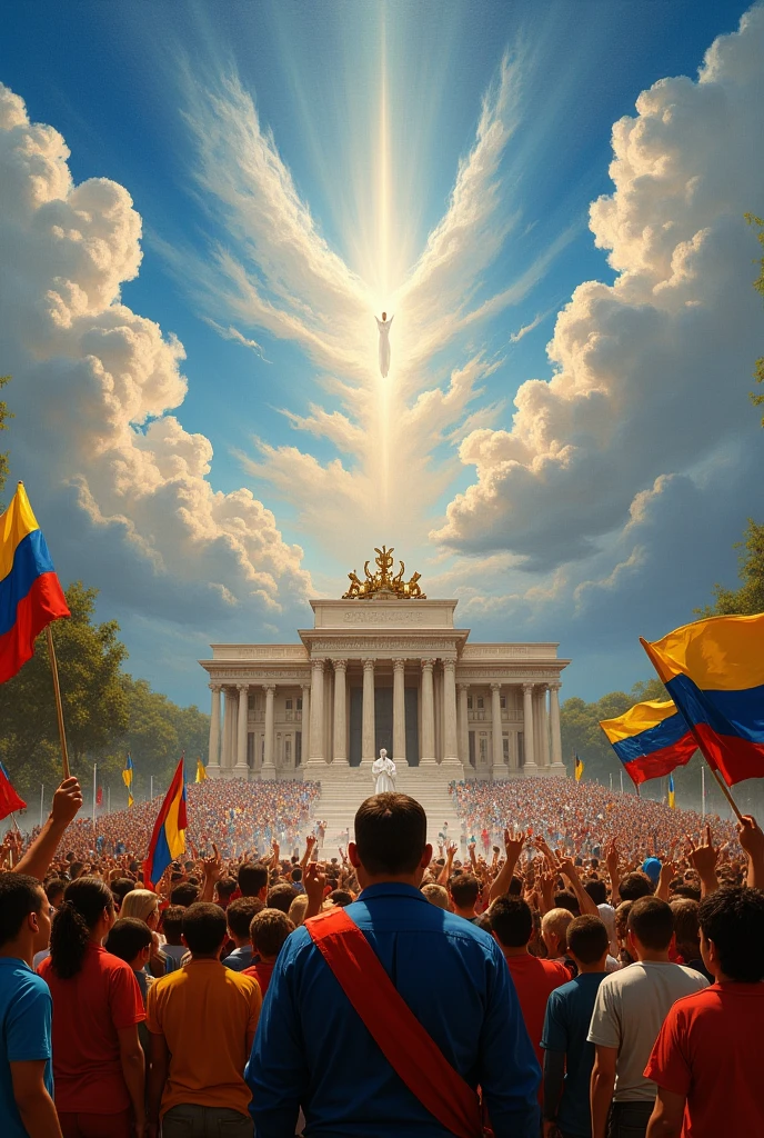 Venezuelans celebrating that Venezuela is free with God in the clouds, in front of the Miraflores Palace with Edmundo Gonzalez