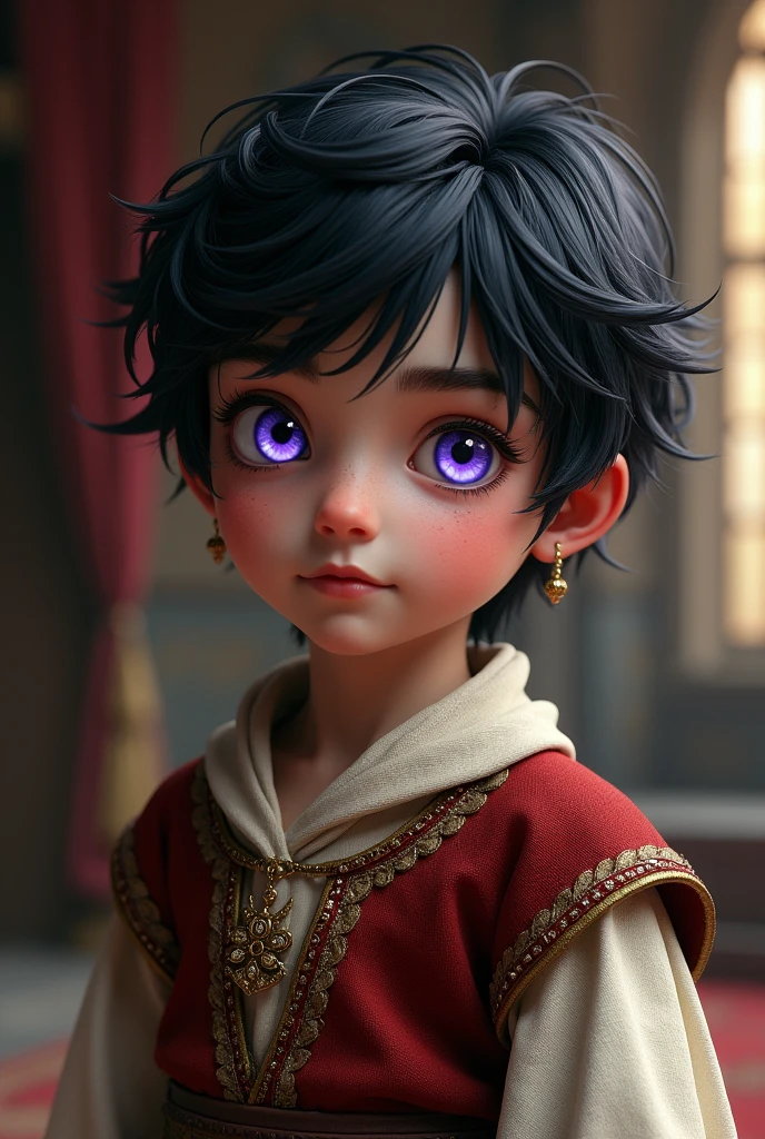 a male , with black hair and violet eyes, dressed in medieval era clothing.
