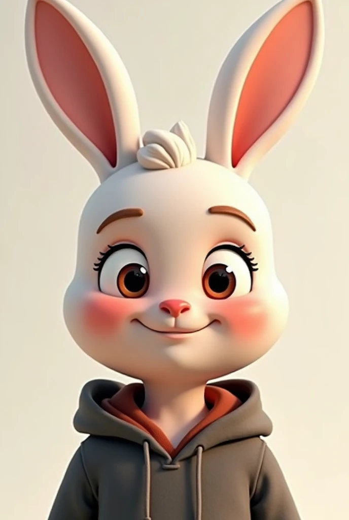 The face of a cartoon boy wearing a hoodie. He has a rabbit head with wide eyes and a smile on his face. Make him sway his head a little and make his head sway a little and just look at his face.