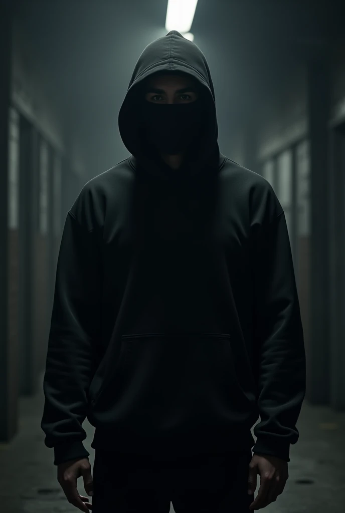 Male character with black sweatshirt covering his face and black mask
