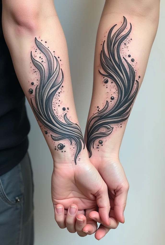 Create 2 animated black love tattoos measuring 6 cm that can be done on the forearm near the wrist for a heterosexual couple where she is the water element and he is the air element.