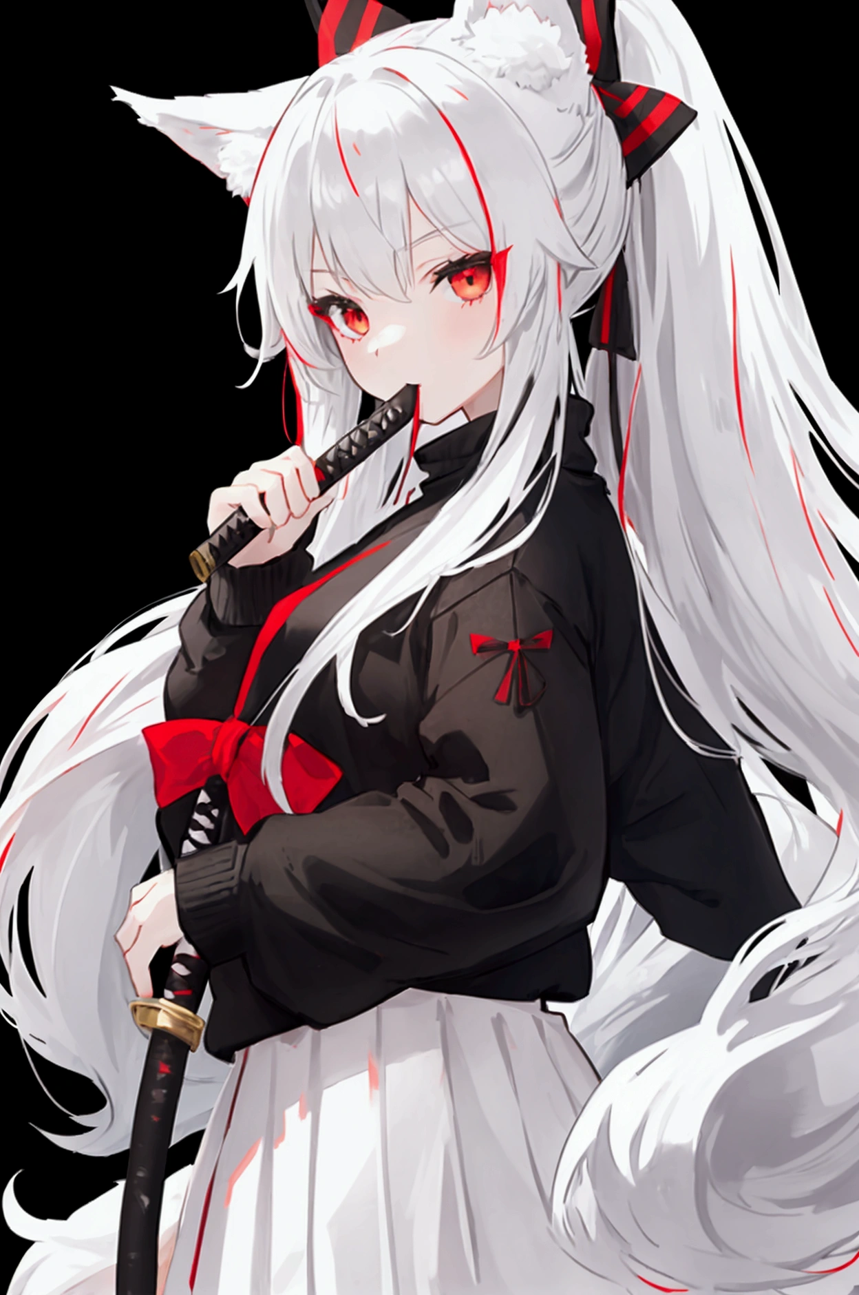 A girl waring black sweater with gray horizontal stripes,  red bow on the back of the head and have white long hair , have white kitsune ears holding a katana in her mouth