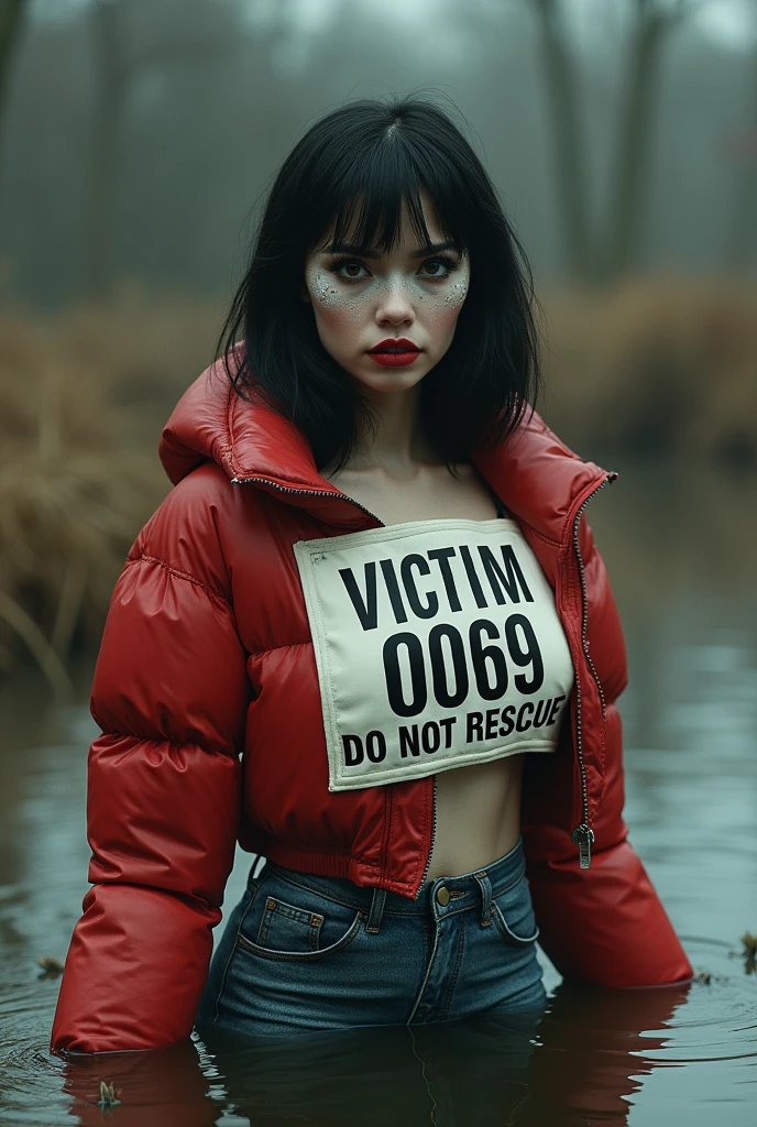 woman, bib "VICTIM 0069 DO NOT RESCUE", moncler ultra-short sporty down jacket,, flared jeans, stuck in bog,pale ethnic patterns ritual makeup, cold, red lips, sexy posing, bob haircut