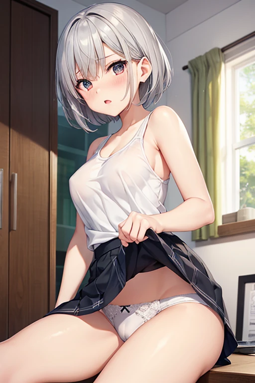 Tank top、Miniskirt、Gray Hair、short hair、Ladylike、White underwear、Blushing、Show your crotch、Open your mouth、Show your breasts、