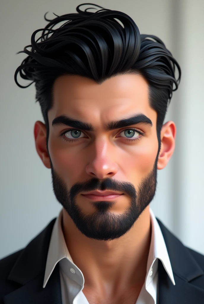 A very handsome white man like a model, well-cut black hair and beard style 2024, blue colored eyes, seducing gaze, Disney Pixar character style, high qualiy, best qualityer 