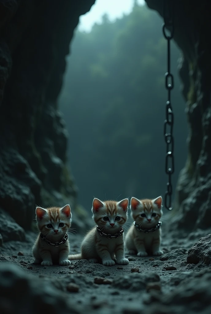create an image of three sad kittens in the form of a 3d drawing in a cave chained against the exit of the cave and at that exit there is a huge wall, that projects shadows from the outside world