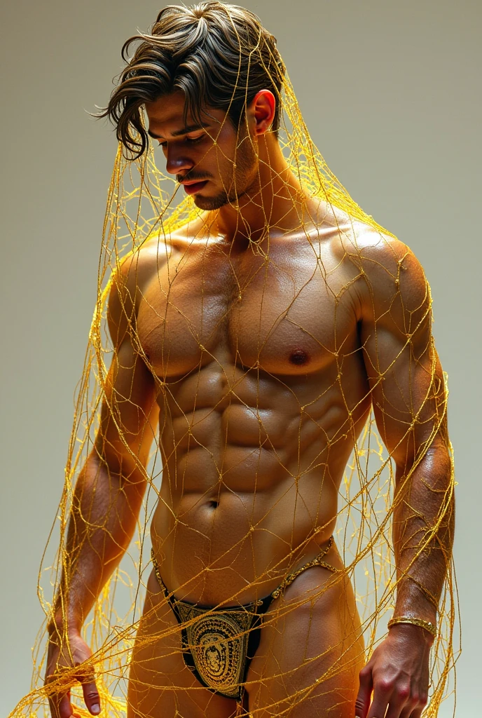 naked/fully naked man in a gold fishing net