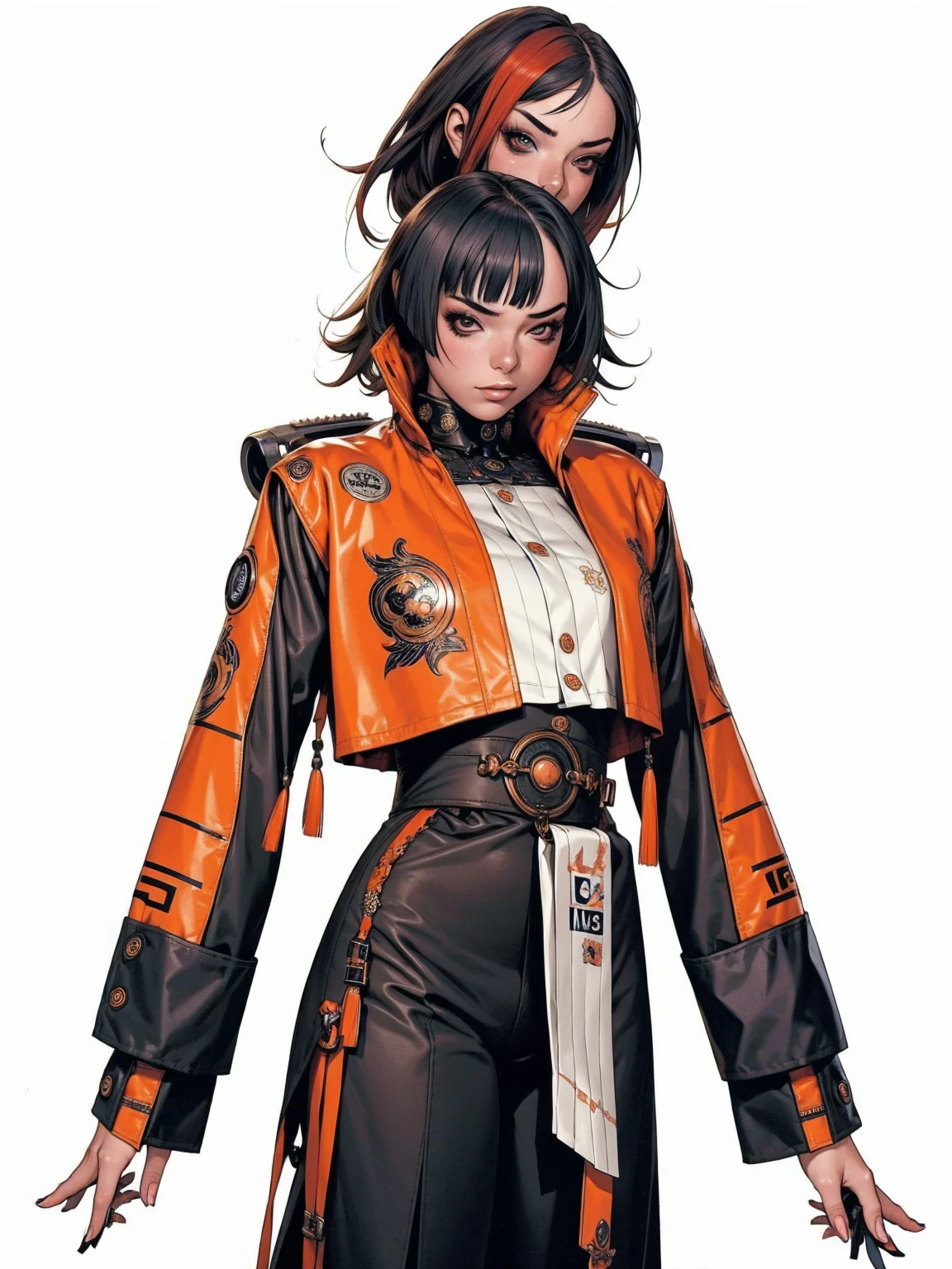 (best qualityer))), (((manga strokes))), (((black bob hair with straight bangs and red highlights))), (((wide pants with 2 side stripes))), uma Kizi jovem muito bem vestida com roupas modernas de inverno, top gift vertical stripes, short jacket with dark fur collar, beautiful and expressive face, slightly-smile, big eyes with long black eyelashes, heavy make-up, chains and zippers spread across clothes, contrasting colours, pose de atitude, hair with a modern and futuristic cut, urban game poster art, dramatic camera angles, graffiti art elements in the background, design mixing contemporary and retro by Shepard Fairey, (((cowboy shot))), (((best qualityer: 1.4))), (Unbeatable masterpiece), (hiper HD),(CG 8k hyper-realistic), Kizi, (((standing alone))), pirralha violent, (((14歳))), sexly, pose de atitude, work of art, post-apocalypse, (((manga style))), bounty hunter, violent, Manic, the way you want, slenderbody, thin but strong, perfectbody, roupa moderna, advanced technology, neon, sleeves with vertical striped pattern, neutral background, (( cowboy shot )). intricate visual
