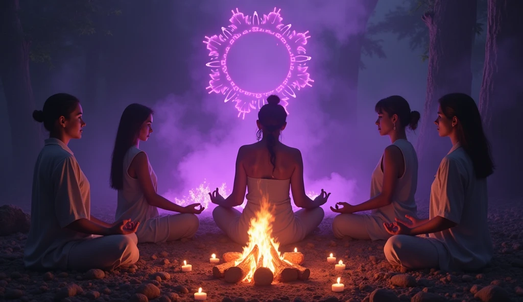Movie Characters in Meditation, Surrounded by natural elements, violet bonfire, incense and illuminated symbols, Convey the concept of depth, self-awareness reflection