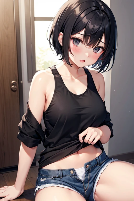 Tank top、Shorts、Black Hair、short hair、Ladylike、White underwear、Blushing、Show your crotch、Open your mouth、Show your breasts、