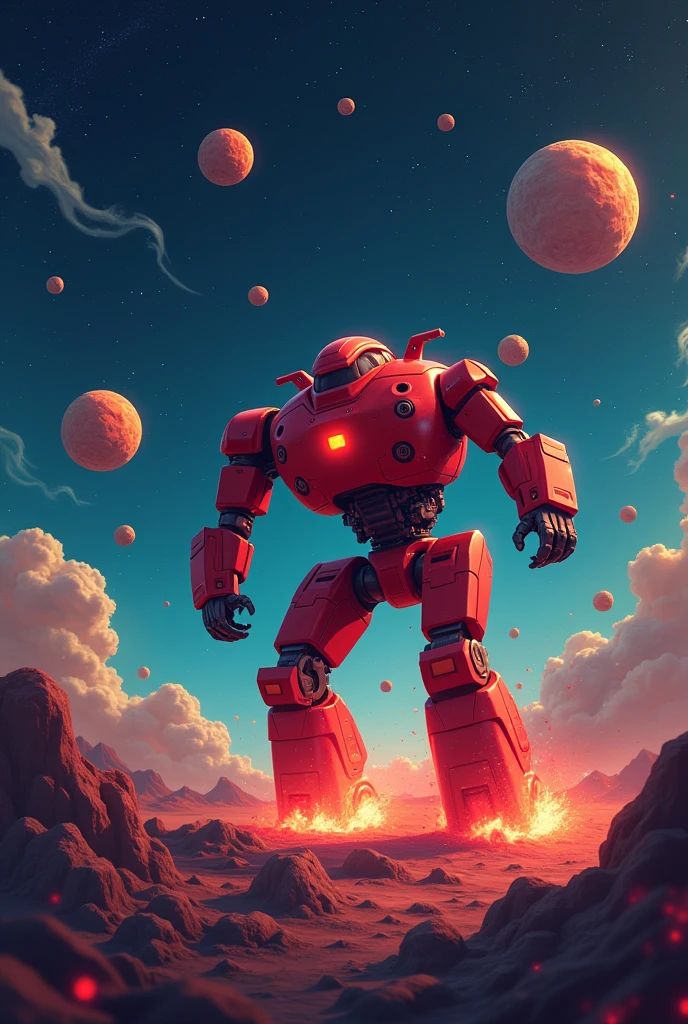 create the cover of a game where there is a red robot destroying asteroids
