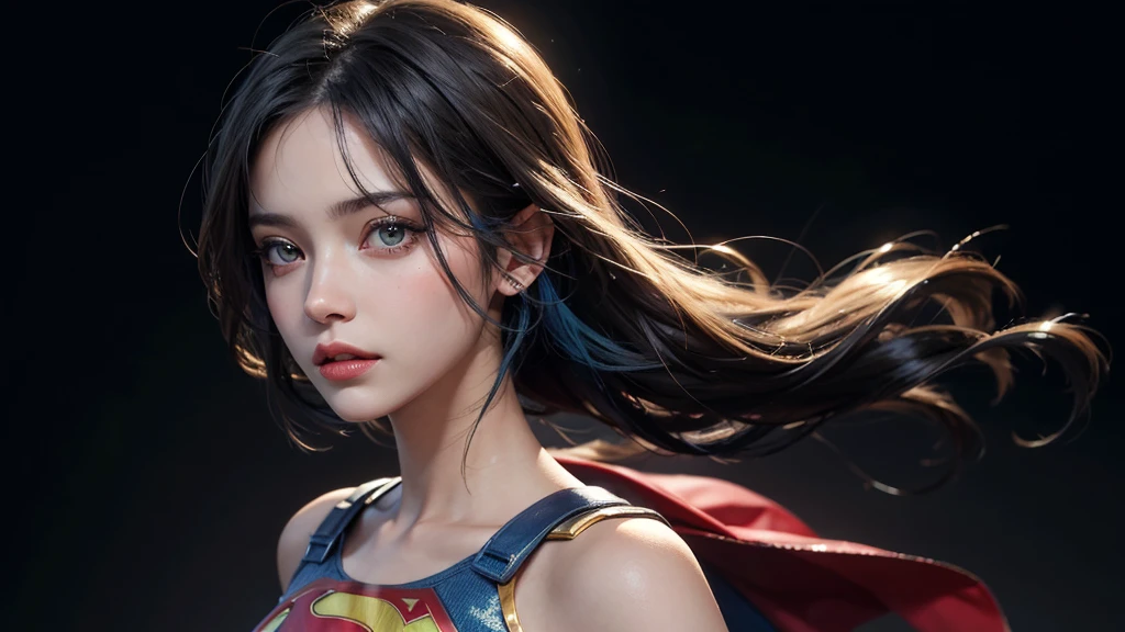 Futuristic Supergirl [Blue Hair] [Golden eyes, Golden eyes Pupil]
[Cortana from halo, hologram body, very detailed fingers, well drawn fingers, Blue hair, highres,ultra-detailed,realistic,portrait,  young lady, voluminous curly hair, jet-blur with dark golden highlights, warm skin tone, sleek sleeveless high-necked White neosuit top, very detailed face, well drawn face, well detailed eyes, well drawn eye, confident expression, dark dramatic background.. portrait]