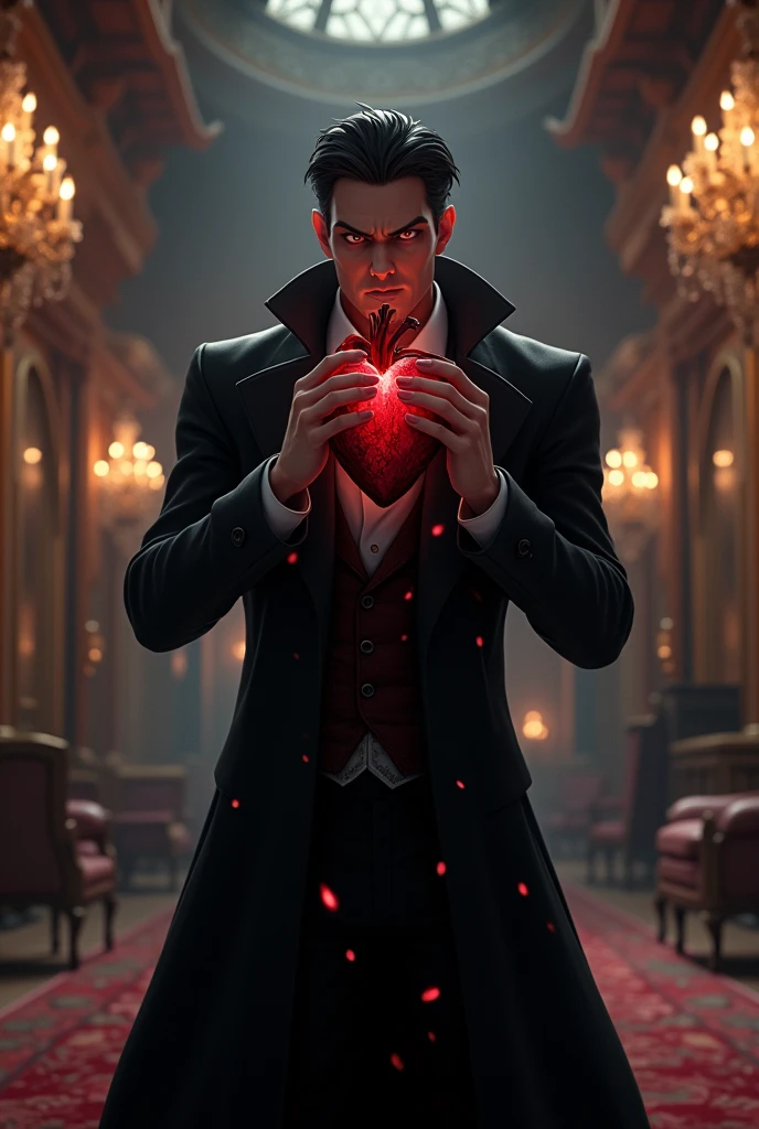 Animated klaus mikaelson in trench coat in a manor eating a heart