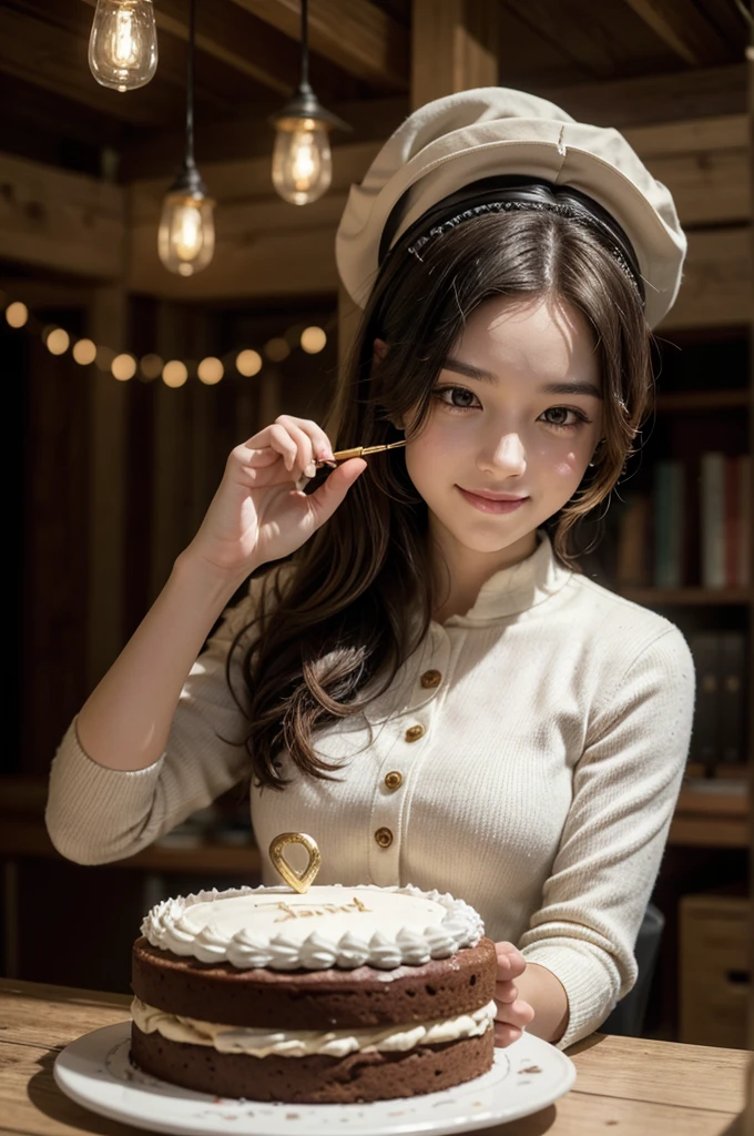 An ultra-realistic graduation cake, set outdoors with a slightly blurred natural background that suggests a sunny afternoon garden scene. The cake should have a rich chocolate frosting with a detailed texture that reflects a subtle glow under the light. On top of the cake, a three-dimensional figure of a smiling graduate, dressed in a cap and gown, is the centerpiece. The figure should be a young black woman with curly hair in formal attire who is in an excited pose, making a victory gesture with her hands, expressing joy and accomplishment.
Atop the cake, add the name of the course “Contabilidade” in stylized letters, with a bright red heart replacing the letter “o,” adding a touch of love and dedication. The letters should appear to float lightly above the cake, with soft shadows adding depth.
Surround the graduate with elements that represent the Accounting program: a calculator with detailed buttons and visible numbers, the accounting symbol, a pen, a notebook, a laptop with a softly lit screen showing financial charts, a stack of gold coins glinting in the light, and the golden caduceus symbolizing the profession, with a shiny metallic finish. These elements should appear to have been carefully placed, creating a balanced and attractive composition.
The base of the cake can be decorated with a thin gold satin bow, subtly reflecting the light, and the surface of the table should be rustic wood, contrasting with the sophistication of the cake and creating a cozy atmosphere. Small details, such as gold confetti and flower petals around the cake, should complete the scene, reinforcing the festive and joyful atmosphere.
Image size: 16:9
Style: Ultra-realistic with soft lighting and precise details that highlight the texture and color of the cake and decorative elements.