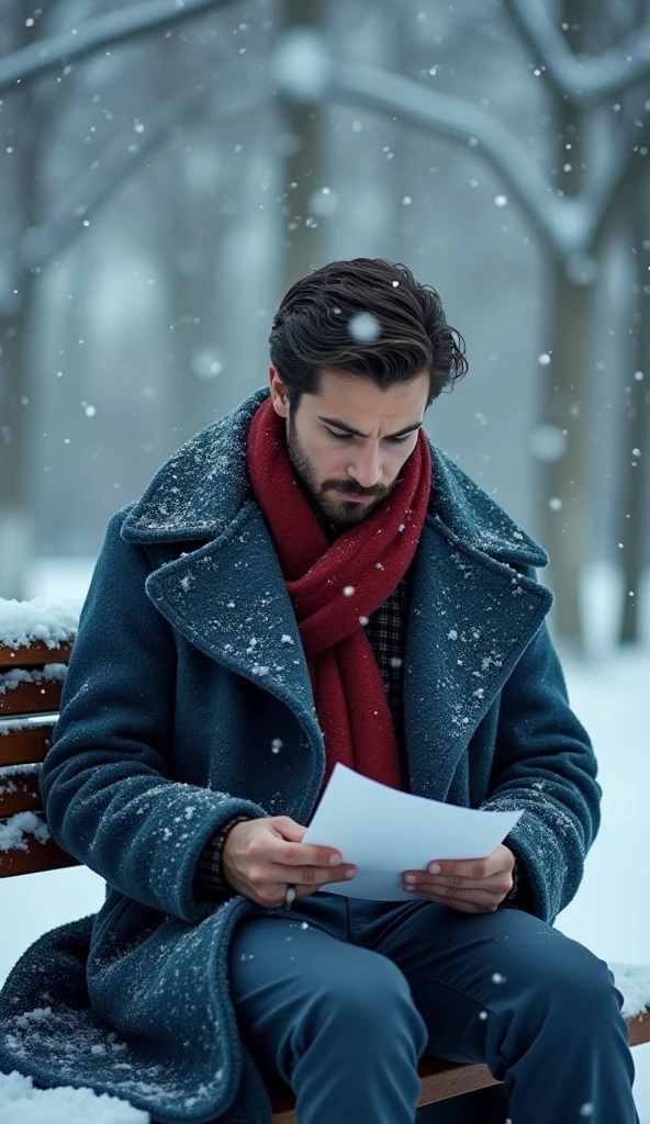 a 21-year-old young rich man with a small beard and big mustache wearing a very lush bluish pent coat and a red muffler, sitting on a snow-covered bench, reading letter with a look of regret and sadness.  heavy snowfall continues. The scene is emotionally charged