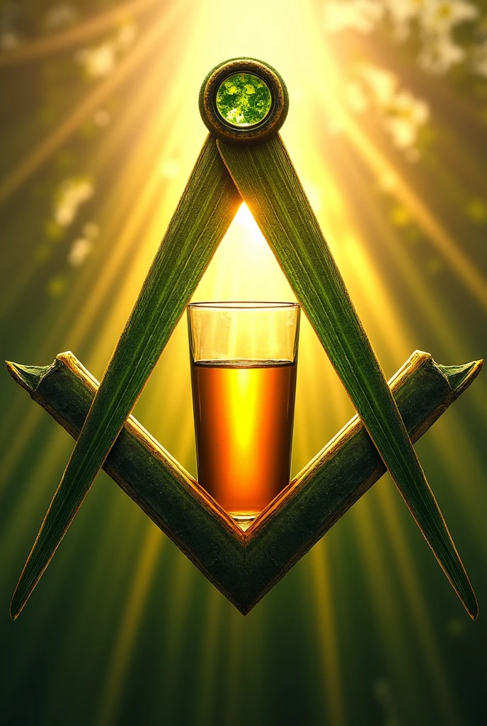 Create a logo with the symbol of universal freemasonry where the compass is made with the green leaf of sugar cane and the square is made with the yellowish stem of sugar cane. In the center there should be a glass of cachaça. Ao fundo, must have the image of the "eye that all come" illuminated by bright sunbeams.