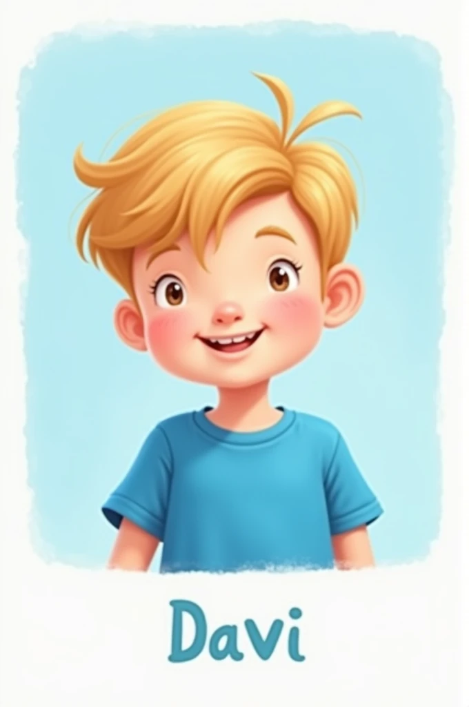 a boy with blonde hair wearing a blue shirt with a pastel blue background with the name davi at the bottom rounded: cartoon style with a white border around the outline
