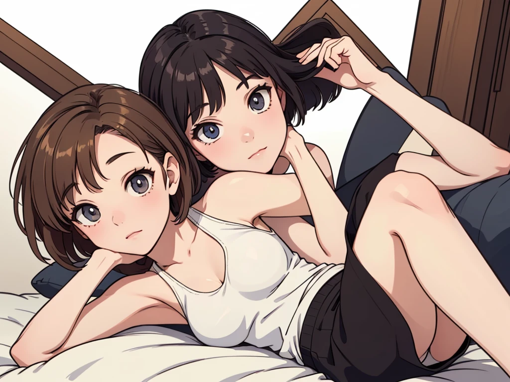 (((masterpiece, best quality, ultra highres, 1 girl, solo, no background))), super detailed skin and face and eyes and finger, beautiful japanese woman, small breasts:1.5, skinny, light brown hair, white background, very short pixie hair, cowboy shot, Generate with illustrations, Various expressions, Various poses, Please draw the entire character within the frame, ensuring that the head, arms, and legs are not cut off. The background should be simple, with the character positioned centrally, outline, anime, 2d, boyish, thong, expressionless, tank top, relax, lie down and rest,