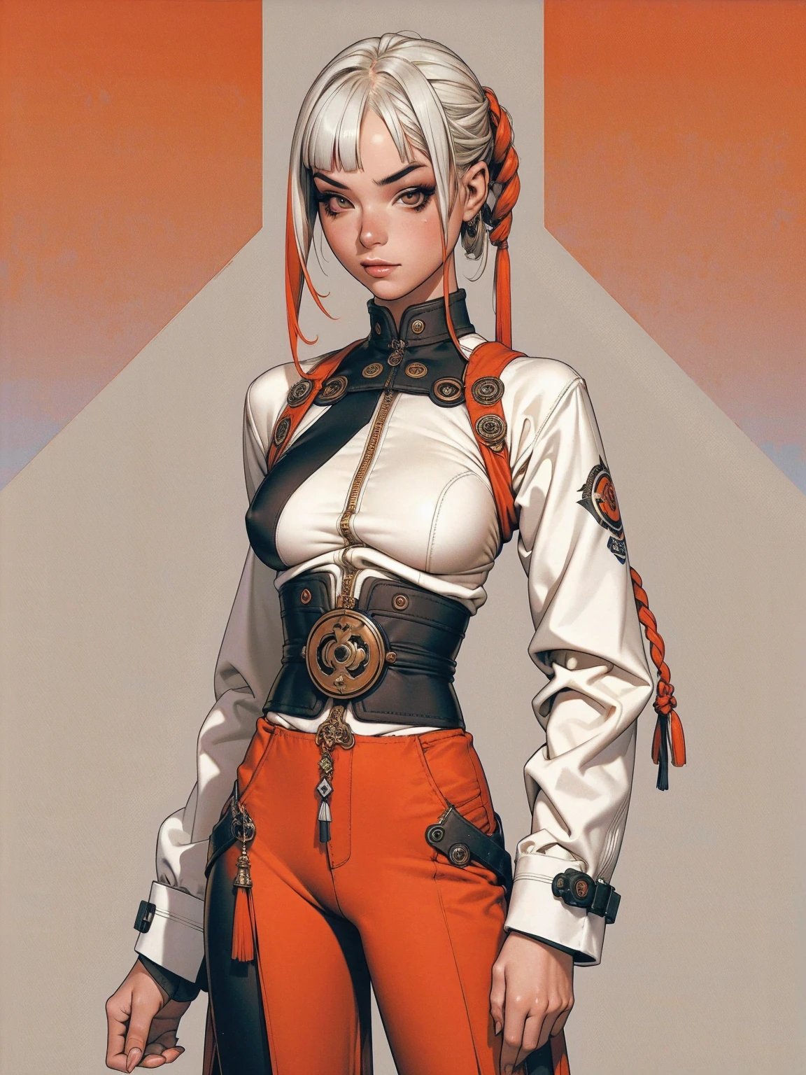 (best qualityer))), (((manga strokes))), (((white bob hair with straight bangs and red highlights))), (((wide pants with 2 side stripes))), uma Kizi jovem muito bem vestida com roupas modernas de inverno, top gift vertical stripes, short jacket with dark fur collar, beautiful and expressive face, slightly-smile, big eyes with long black eyelashes, heavy make-up, chains and zippers spread across clothes, contrasting colours, pose de atitude, hair with a modern and futuristic cut, urban game poster art, dramatic camera angles, graffiti art elements in the background, design mixing contemporary and retro by Shepard Fairey, (((cowboy shot))), (((best qualityer: 1.4))), (Unbeatable masterpiece), (hiper HD),(CG 8k hyper-realistic), Kizi, (((standing alone))), pirralha violent, ((())), sexly, pose de atitude, work of art, post-apocalypse, (((manga style))), bounty hunter, violent, Manic, the way you want, slenderbody, thin but strong, perfectbody, roupa moderna, advanced technology, neon, sleeves with vertical striped pattern, neutral background, (( cowboy shot )). intricate visual