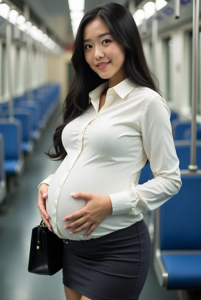 Beautiful teacher, pregnant, very Big Belly, beautiful Korean face, Long black hair, breast is very large and firm, showing her Belly, Wearing a long sleeve white button down shirt and a tight short office skirt with stockings, Belly one navel, very big fat body, Train passengers, huge breasts